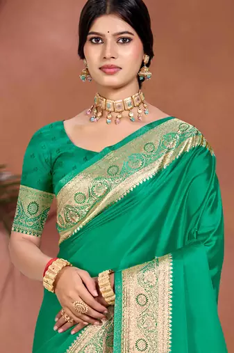 emerald green silk blend woven work traditional saree