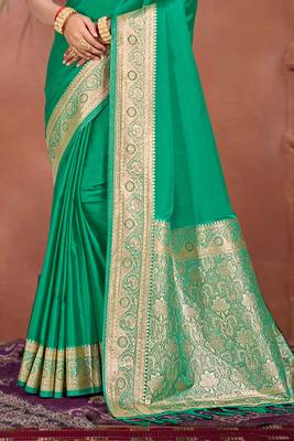 emerald green silk blend woven work traditional saree 3