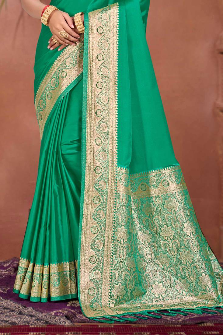 emerald green silk blend woven work traditional saree