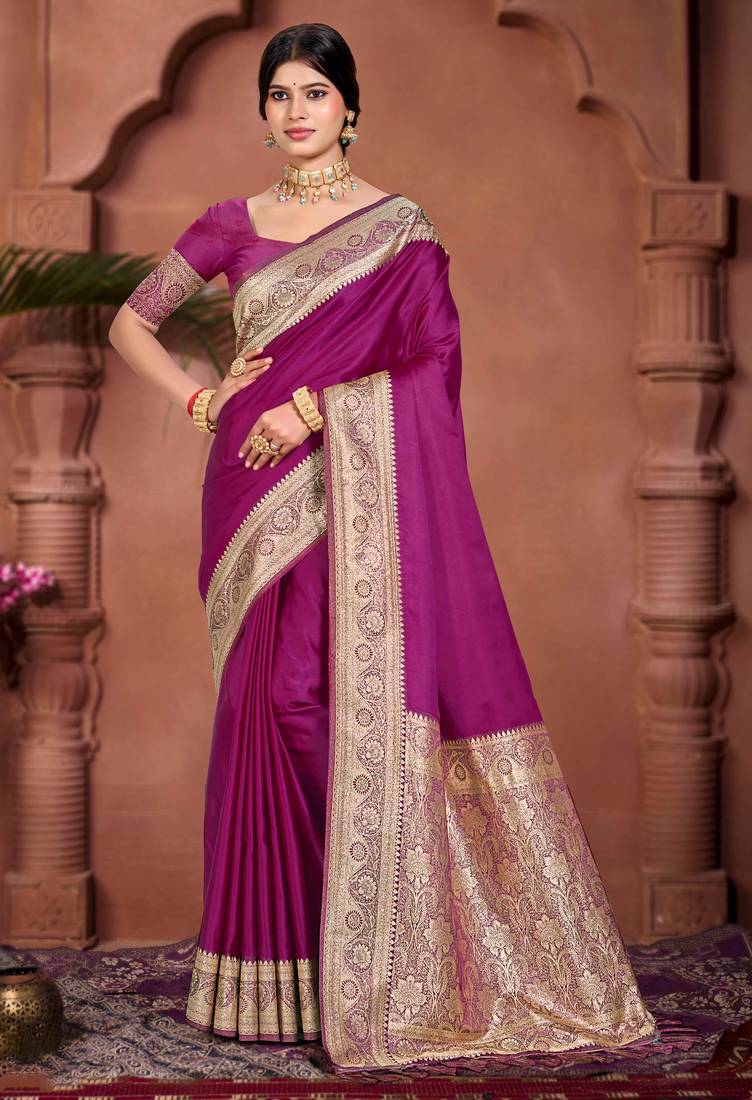wine purple silk blend woven work traditional saree