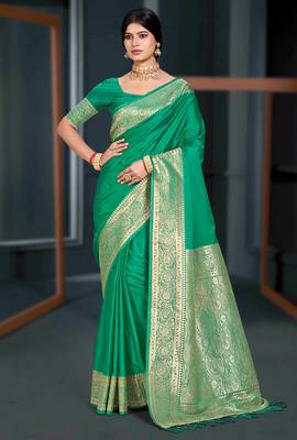 emerald green silk blend woven work traditional saree 1
