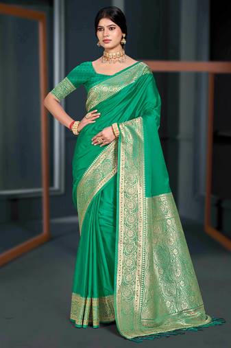 emerald green silk blend woven work traditional saree