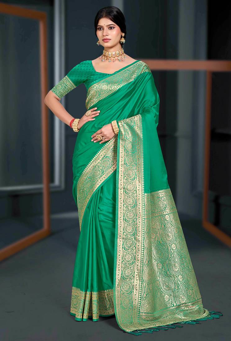 emerald green silk blend woven work traditional saree