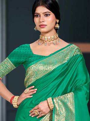 emerald green silk blend woven work traditional saree 2