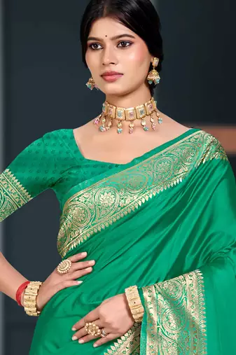 emerald green silk blend woven work traditional saree