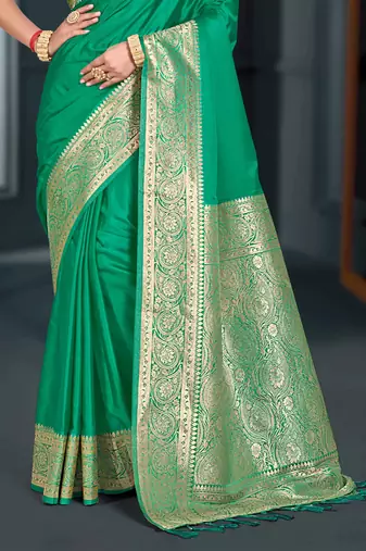 emerald green silk blend woven work traditional saree