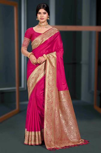ruby pink silk blend woven work traditional saree