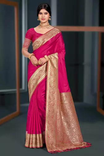 ruby pink silk blend woven work traditional saree