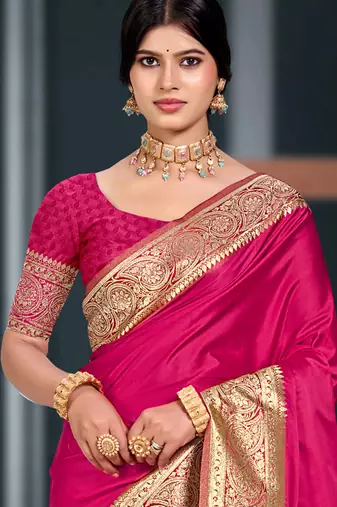 ruby pink silk blend woven work traditional saree