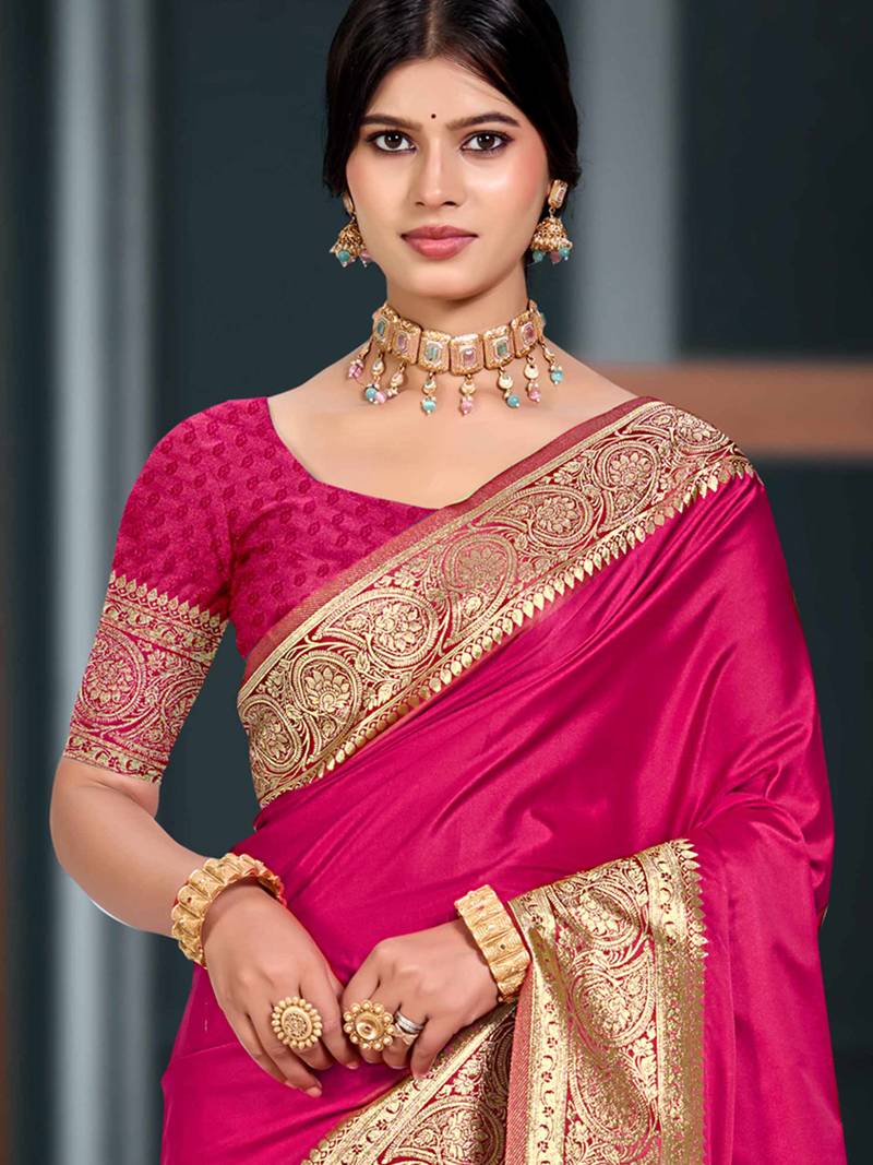 ruby pink silk blend woven work traditional saree