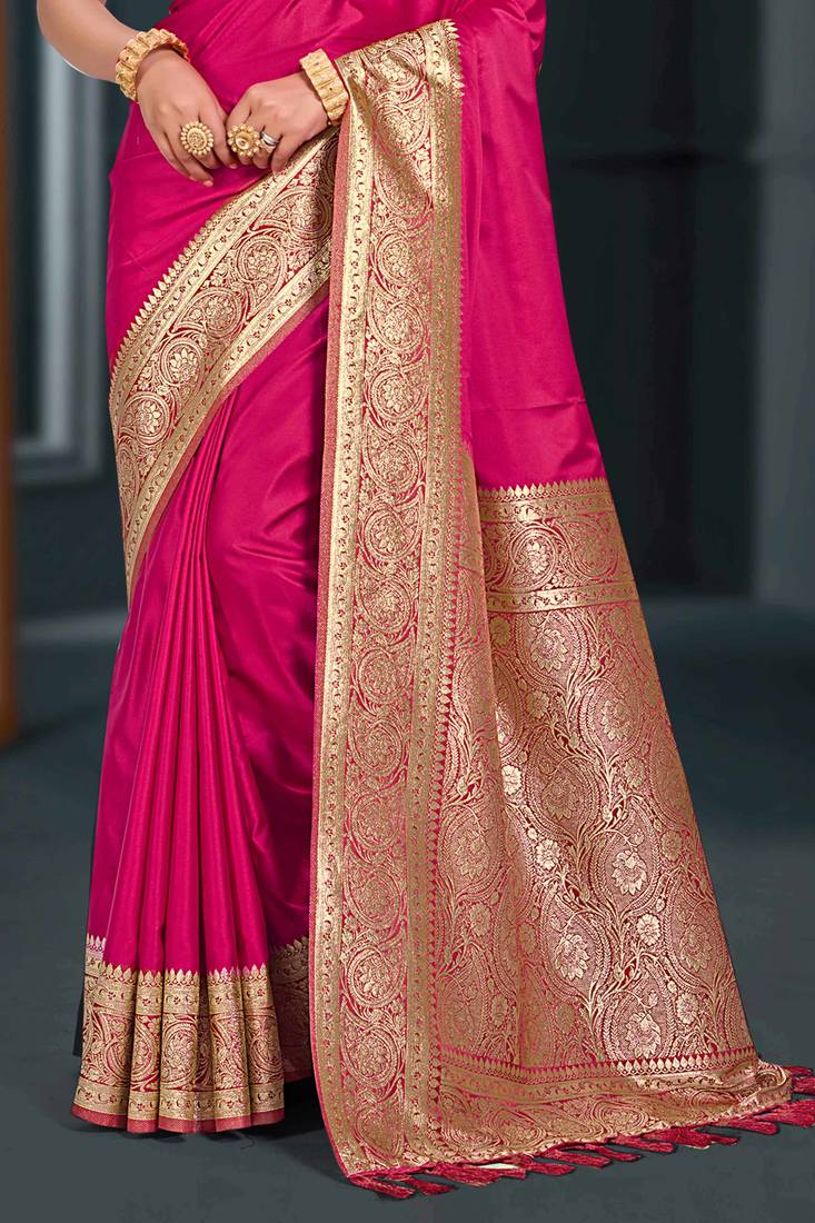 ruby pink silk blend woven work traditional saree