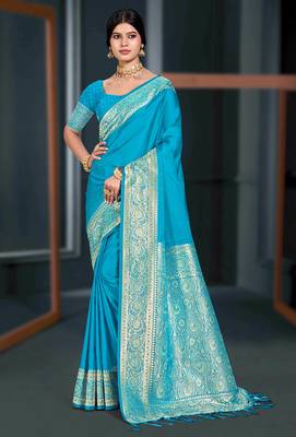 sky blue silk blend woven work traditional saree 1