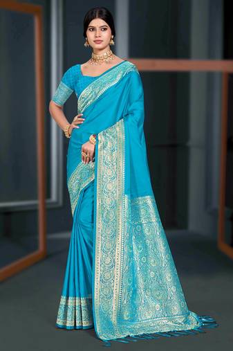 sky blue silk blend woven work traditional saree