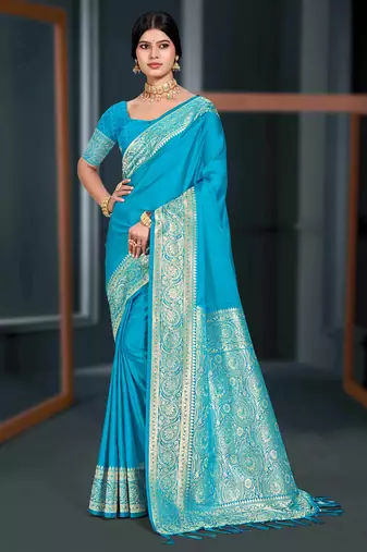 sky blue silk blend woven work traditional saree