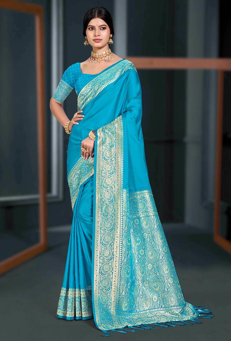 sky blue silk blend woven work traditional saree