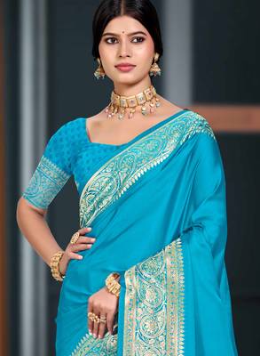 sky blue silk blend woven work traditional saree 2