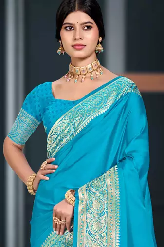 sky blue silk blend woven work traditional saree