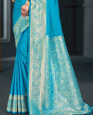sky blue silk blend woven work traditional saree 3