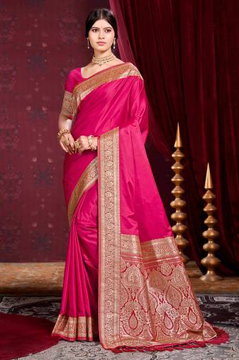 ruby pink silk blend woven work traditional saree
