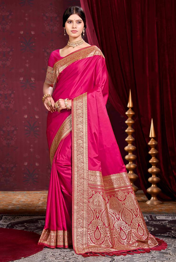 ruby pink silk blend woven work traditional saree
