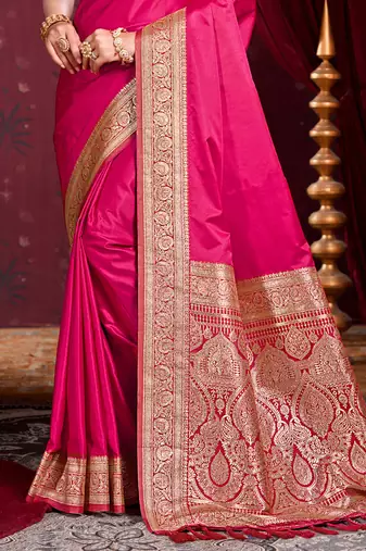 ruby pink silk blend woven work traditional saree