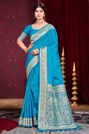 sky blue silk blend woven work traditional saree