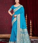 sky blue silk blend woven work traditional saree