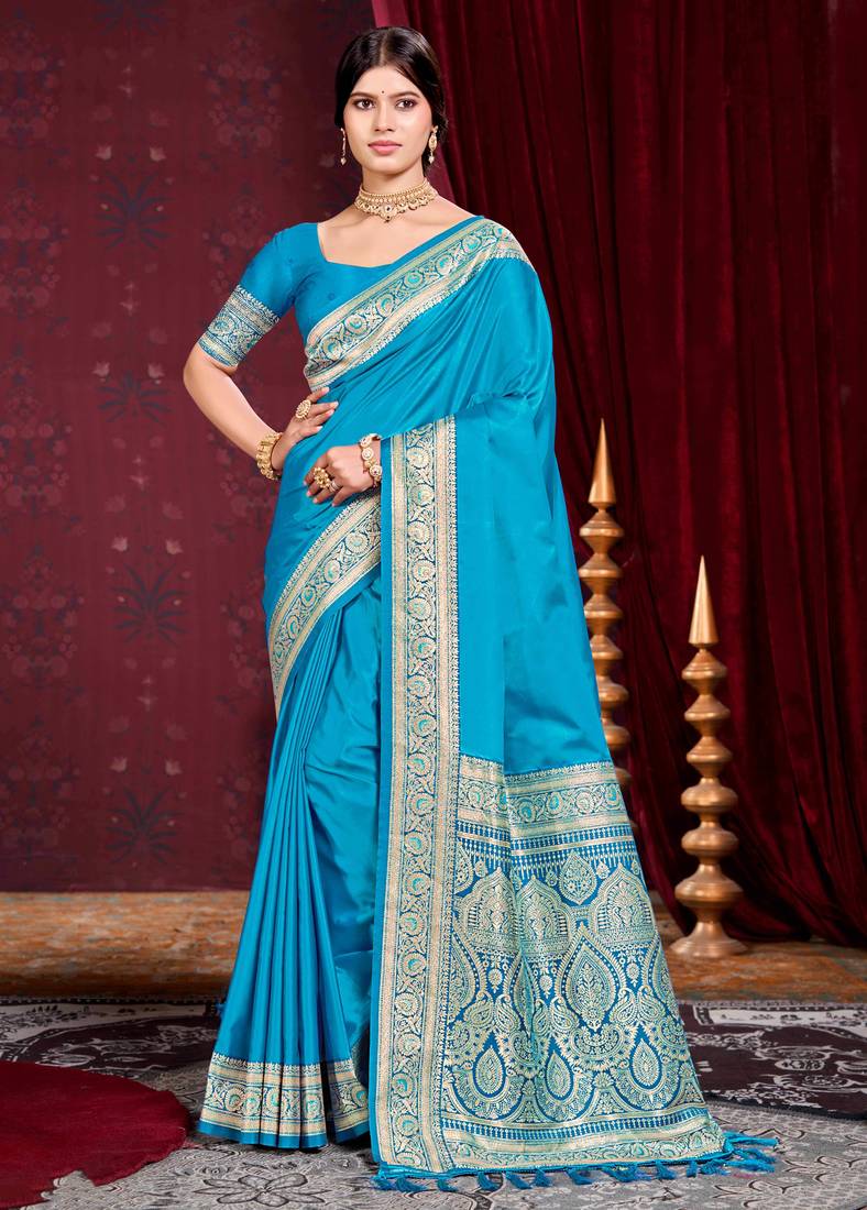 sky blue silk blend woven work traditional saree
