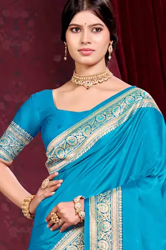 sky blue silk blend woven work traditional saree