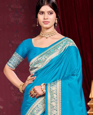 sky blue silk blend woven work traditional saree 3