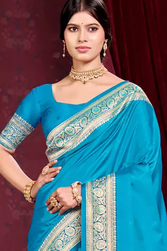 sky blue silk blend woven work traditional saree