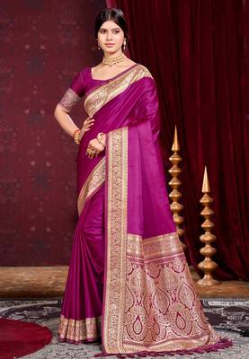 wine purple silk blend woven work traditional saree 1
