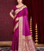 wine purple silk blend woven work traditional saree