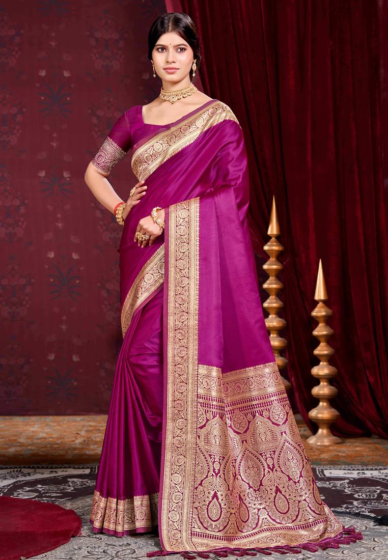 wine purple silk blend woven work traditional saree
