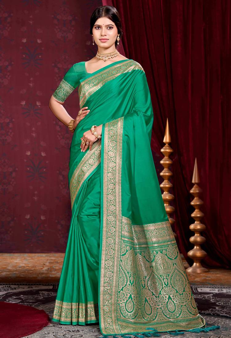 emerald green silk blend woven work traditional saree