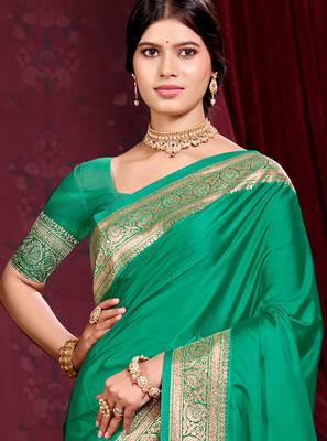 emerald green silk blend woven work traditional saree 2
