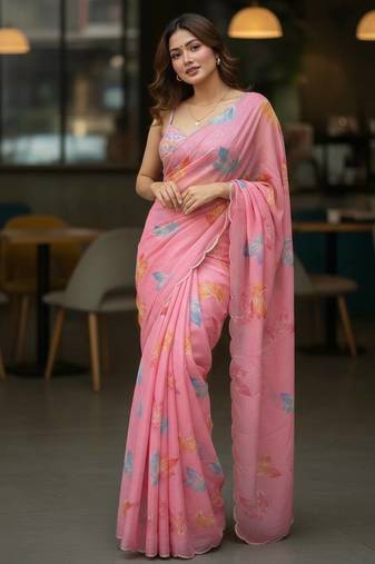 NEW SOFT TABI ORGANZA FLOWER PRINT WITH MOTI WORK WOMEN SAREE WITH BLOUSE SET