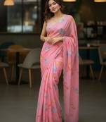 pink organza saree with floral print and moti work