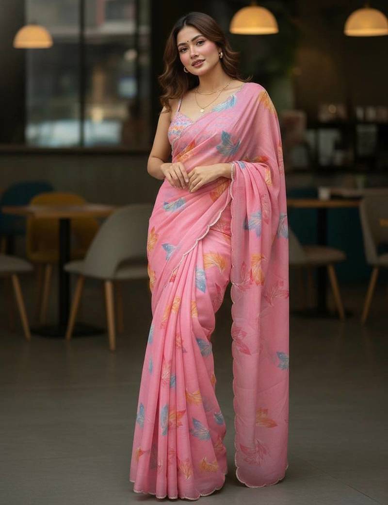 NEW SOFT TABI ORGANZA FLOWER PRINT WITH MOTI WORK WOMEN SAREE WITH BLOUSE SET