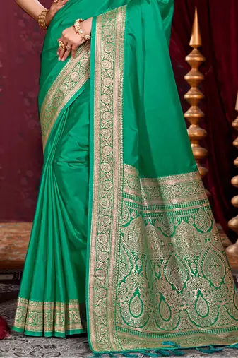 emerald green silk blend woven work traditional saree