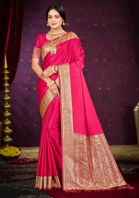 ruby pink silk blend woven work traditional saree 1