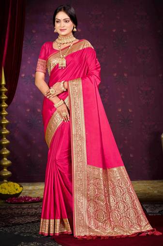 ruby pink silk blend woven work traditional saree