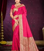 ruby pink silk blend woven work traditional saree