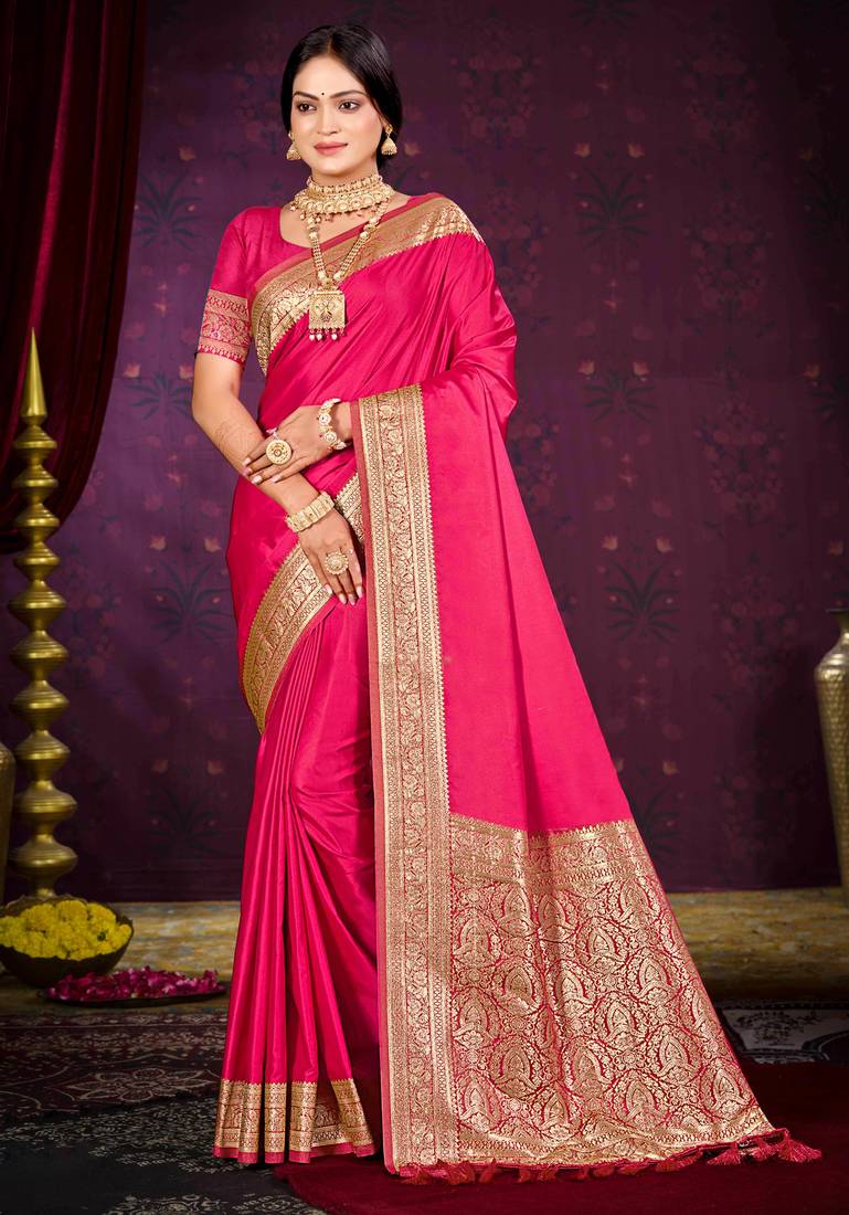 ruby pink silk blend woven work traditional saree
