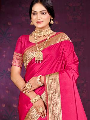 ruby pink silk blend woven work traditional saree 2