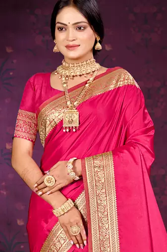 ruby pink silk blend woven work traditional saree