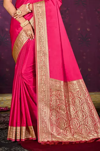 ruby pink silk blend woven work traditional saree