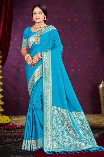 sky blue silk blend woven work traditional saree