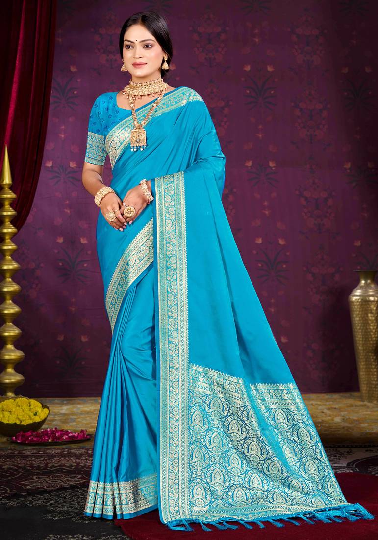sky blue silk blend woven work traditional saree