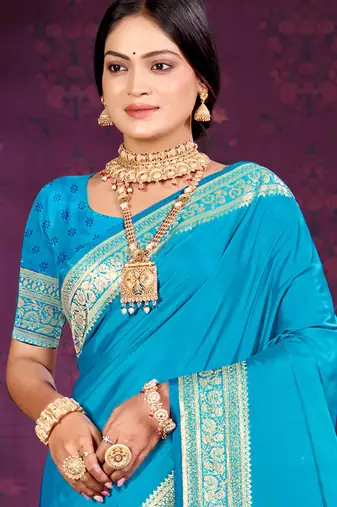 sky blue silk blend woven work traditional saree